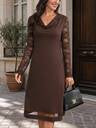 This Elegant Women's Dress Features Lace-Trimmed Sleeves, A Halter Neckline, And A Deep Brown Color, Making It Perfect For Autumn Outings.