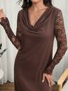 This Elegant Women's Dress Features Lace-Trimmed Sleeves, A Halter Neckline, And A Deep Brown Color, Making It Perfect For Autumn Outings.