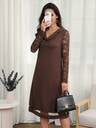 This Elegant Women's Dress Features Lace-Trimmed Sleeves, A Halter Neckline, And A Deep Brown Color, Making It Perfect For Autumn Outings.
