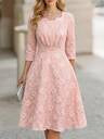 Elegant Floral Dress,Pink,Fit Flare Shape,V Neck,Three Quarter Sleeve,Wedding Guest Party,Luxury Evening,Fall Wear