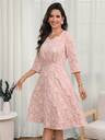 Elegant Floral Dress,Pink,Fit Flare Shape,V Neck,Three Quarter Sleeve,Wedding Guest Party,Luxury Evening,Fall Wear
