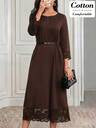 Elegant Casual Cotton Dress,Lace Trim,Dark Brown,Loose A Line Fit,Long Sleeve,Going Out Office,Teachers' Day,Daily Wear,Autumn Clothes