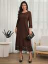 Elegant Casual Cotton Dress,Lace Trim,Dark Brown,Loose A Line Fit,Long Sleeve,Going Out Office,Teachers' Day,Daily Wear,Autumn Clothes