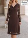 This Elegant Women's Dress Features Lace-Trimmed Sleeves, A Halter Neckline, And A Deep Brown Color, Making It Perfect For Autumn Outings.
