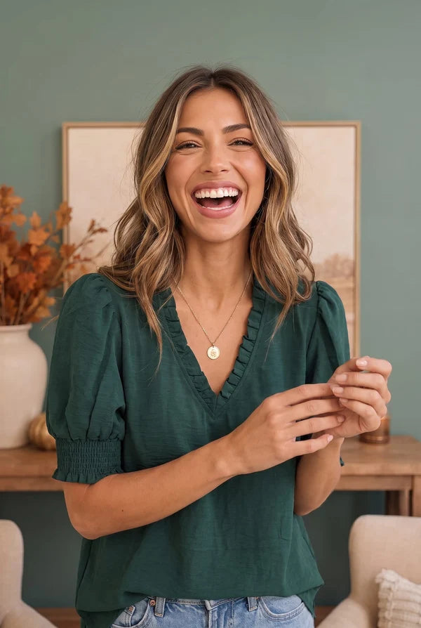 We Met Ruffle V-Neck Puff Sleeve Top